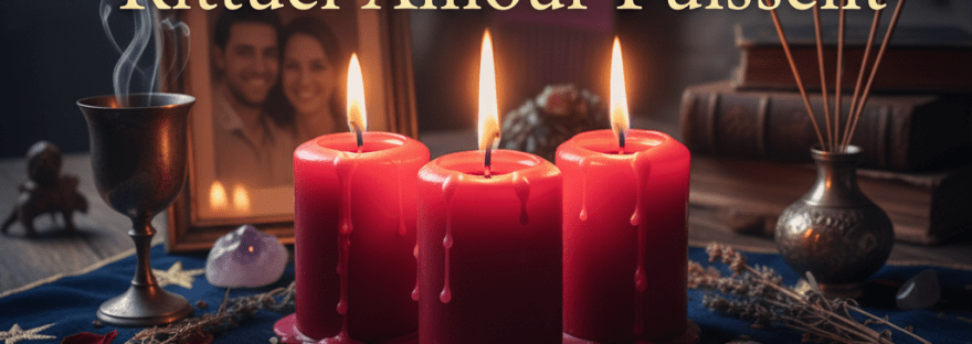 Rittuel Amour Puissent. Three lit red candles and crystals on a celestial cloth.