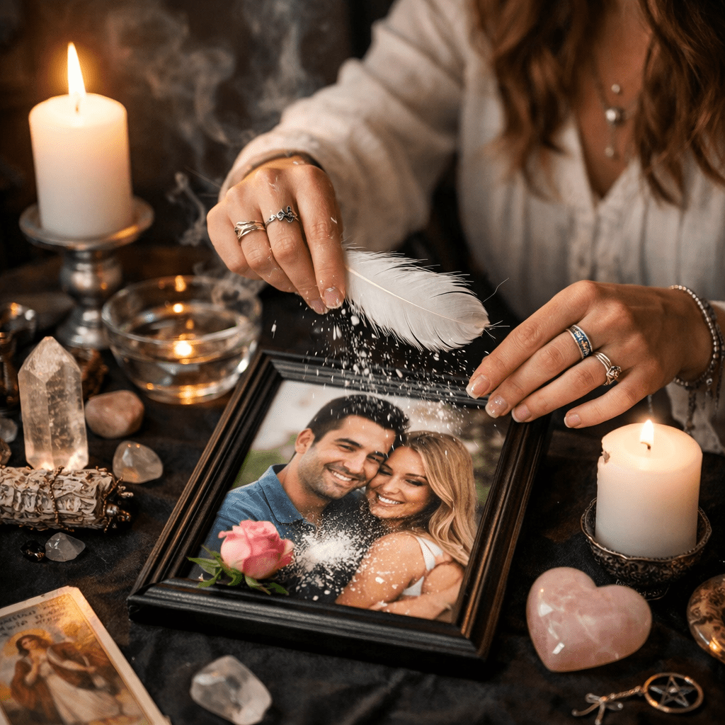 Person sprinkling powder with a feather over a framed photo of a couple surrounded by candles and crystals