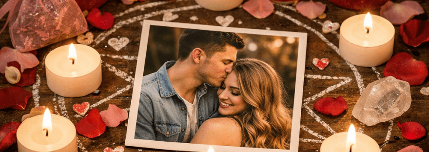 Photo of a couple embraced, surrounded by lit candles, rose petals, and crystals on a wooden surface