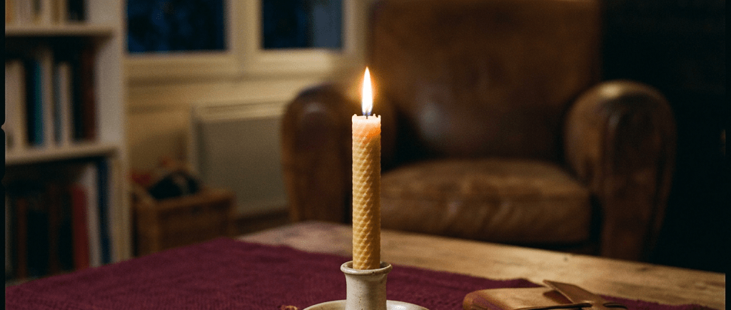 Lit beeswax candle in holder with rose petals, lavender, two rose quartz stones, a pen, and a leather journal on table