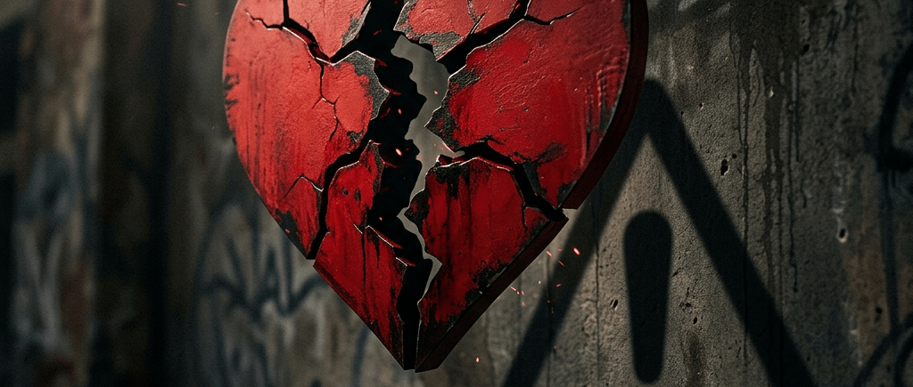 Cracked red heart with jagged fissures floating beside a wall showing an exclamation mark warning sign shadow