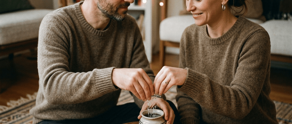 Man and woman sitting by a wooden table with a bowl of salt and dried petals, surrounded by lit candles