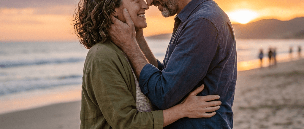 Couple standing close on beach at sunset, smiling and touching foreheads