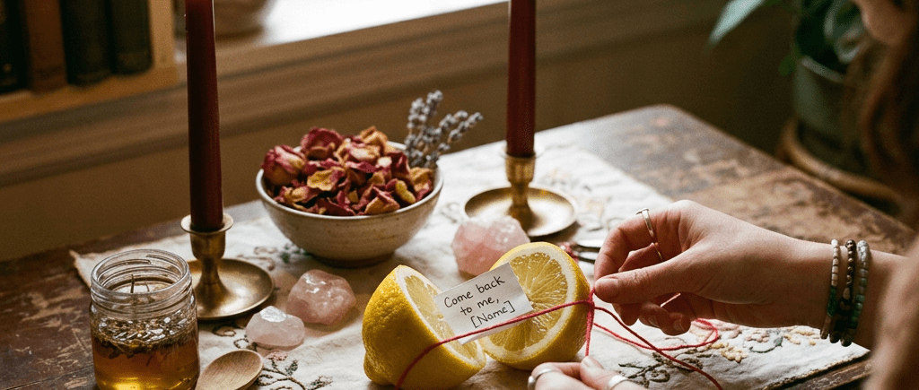 Hands tying red string around lemons with a note saying 'Come back to me [Name]' surrounded by candles, dried petals, and crystals